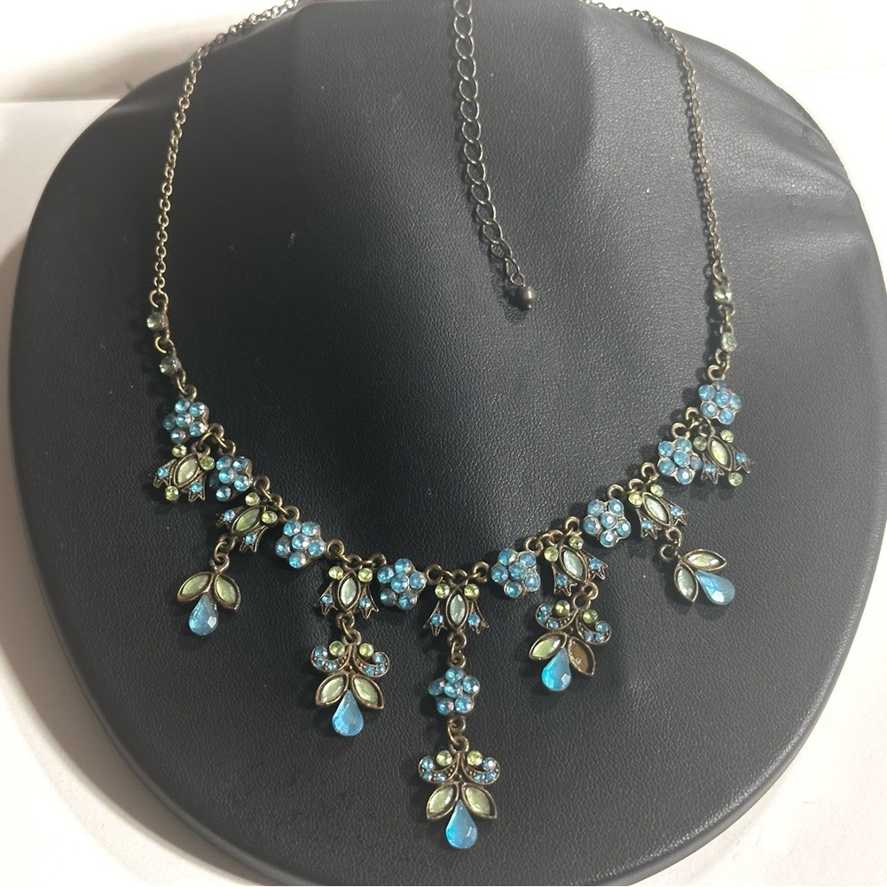 Whimsical Fairycore Necklace Blue Green Rhinestone Weathered Brass Tone Flaw